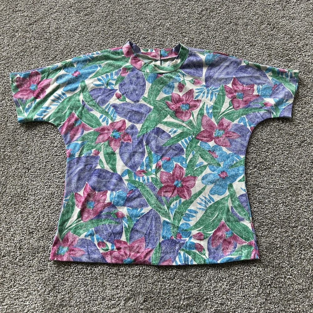 Vintage Blair Shirt Womens M Multicolor Floral Crew Neck Short Sleeve Made USA
